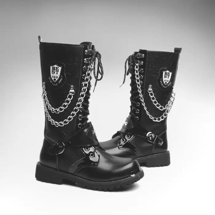 Hommes mode moto bottes mi-mollet respirant bottes de Combat gothique ceinture Punk bottes hommes ch