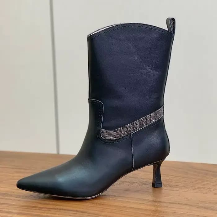 Femmes minces talons hauts mi-mollet bottes daim bout pointu chaîne en métal perle décor bottes cour