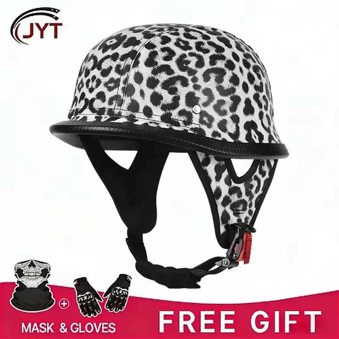 Casque demi-face homologué DOT, imprimé léopard, en cuir, pour homme et femme, moto, scooter, cyclom