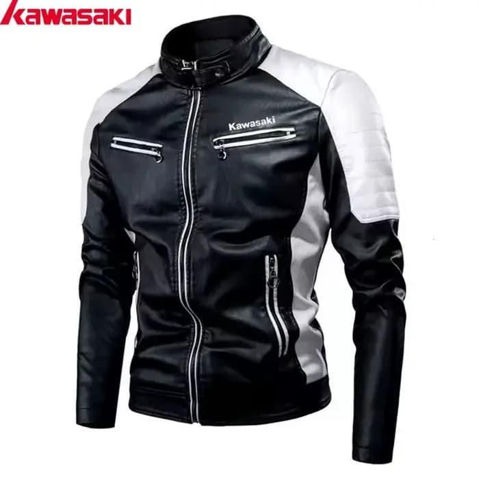 Veste de moto Kawasaki B&W pour homme - Veste en cuir PU avec col montant et fermeture éclair