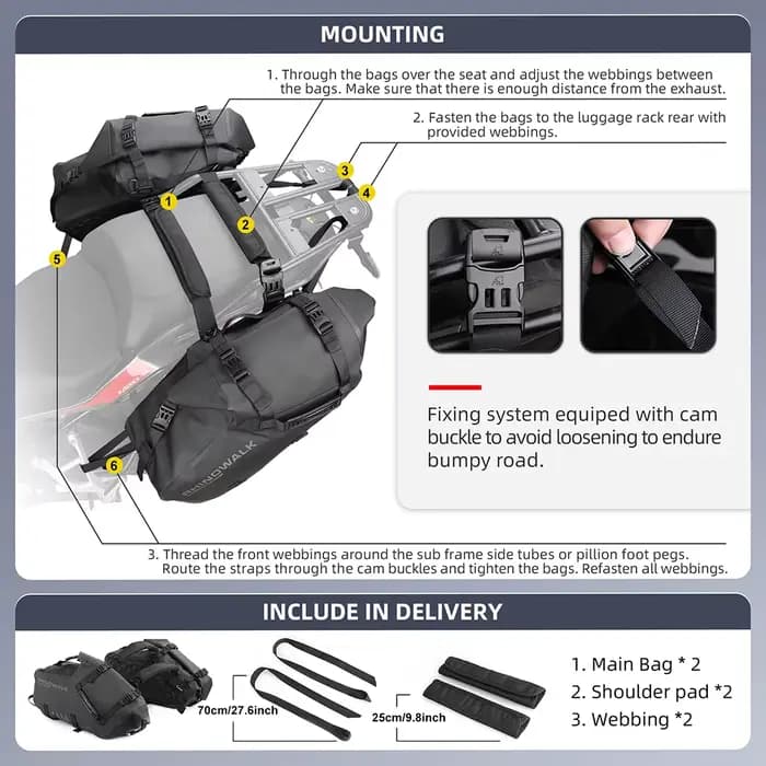 Rhinowalk sac de moto 100% étanche 18L/28L/48L grande capacité 2 pièces ajustement universel moto sa