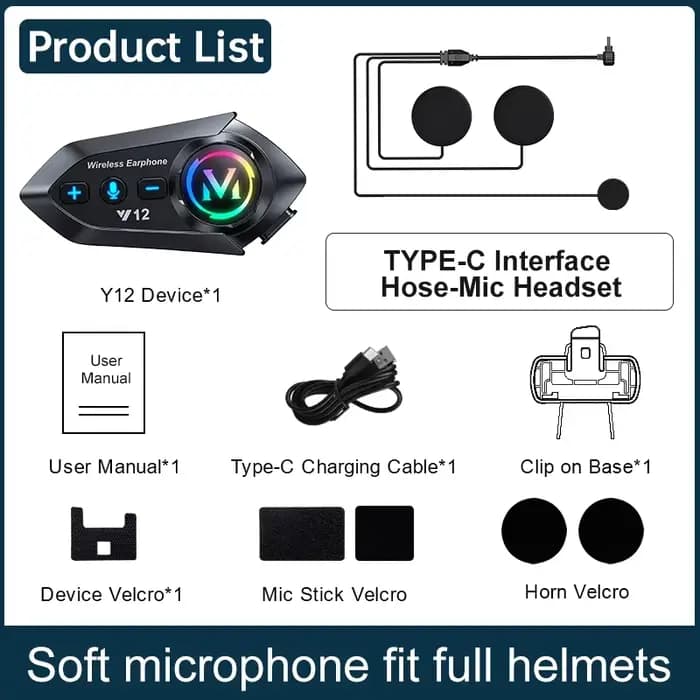 Casque de moto Bluetooth 5.4 Y12, stéréo, commande vocale, appels mains libres, étanche, 500 mAh ave