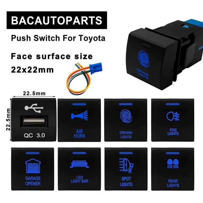 Interrupteur à bouton-poussoir Led bleu 12V et barre lumineuse Led USB 22x22mm pour Toyota Prado sér