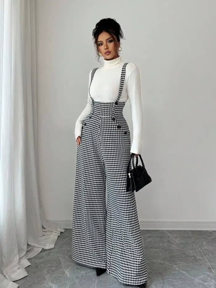 Combinaison pour femme, combinaison d'hiver, noir et blanc, vintage, pantalon à jambes larges, brete