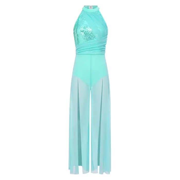 Combinaison de danse lyrique moderne pour femme, avec haut à sequins dos nu, en maille, à jambes lar