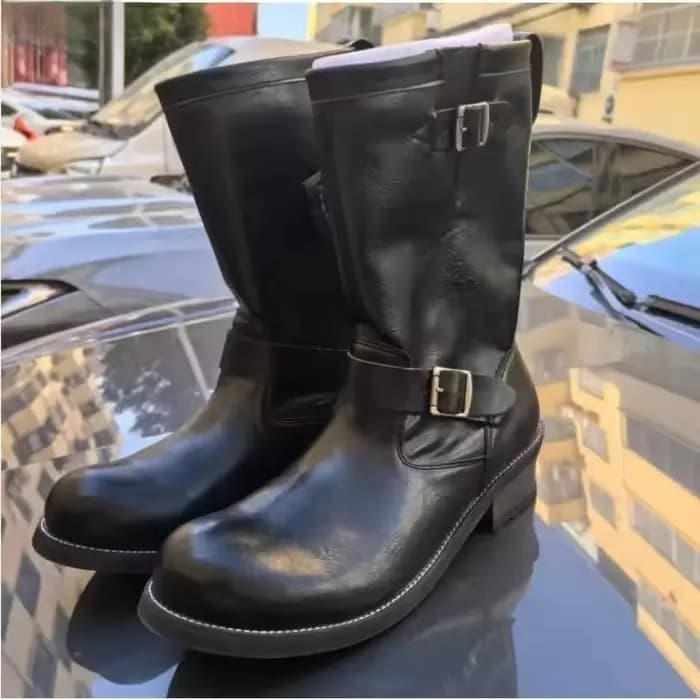 Bottes longues rétro pour hommes en cuir véritable, style britannique, à boucle, hauteur genou, bott