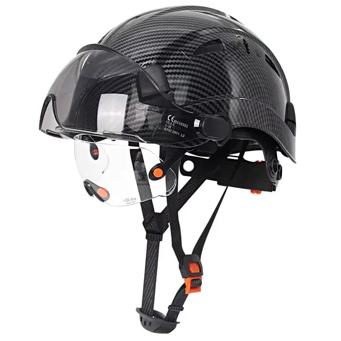 Casque de sécurité à motif en fibre de carbone avec visière et lunettes intégrées, casque de travail