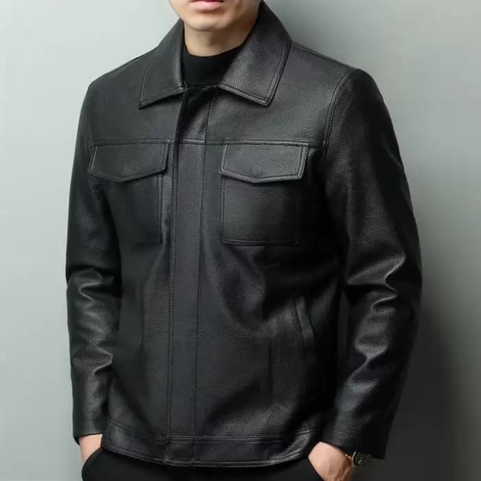 Blouson de motard vintage en cuir de vachette marron pour homme, col à rabat en similicuir robuste, 