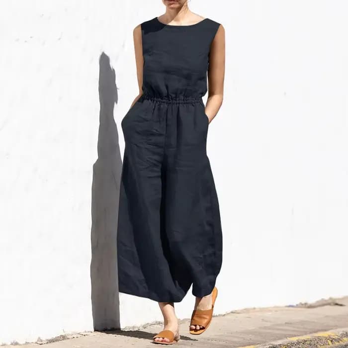 Combinaison en coton et lin pour femmes, élégante, couleur unie, avec boutons, col rond, poche en fi