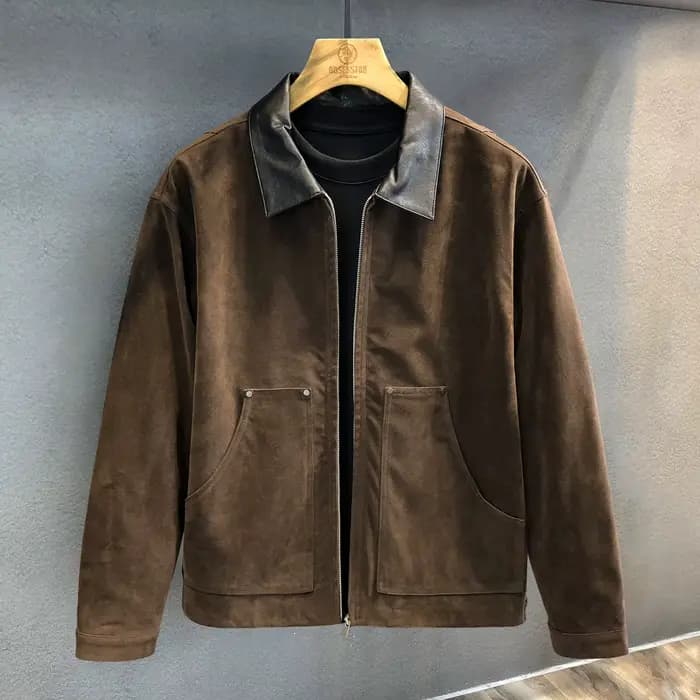 Veste en cuir de moto Amekaji en daim rétro marron foncé avec revers, style américain Badboy Chic po