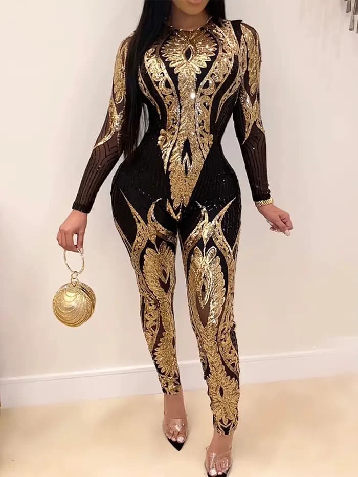 Combinaison moulante sexy à manches longues et sequins pour femme, tenue une pièce pour soirée d'ann