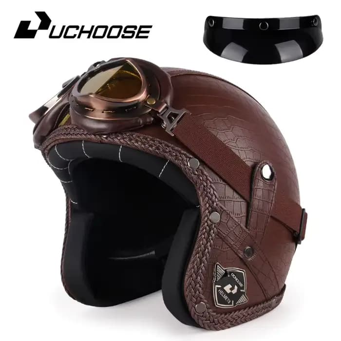 UCHOOSE casque de Moto rétro en cuir PU visage ouvert 3/4 Chopper casques de vélo classique Casco Mo