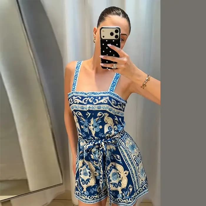 Combinaison-short en lin imprimé pour femme, à lacets, taille haute, jambes larges, nouvelle collect