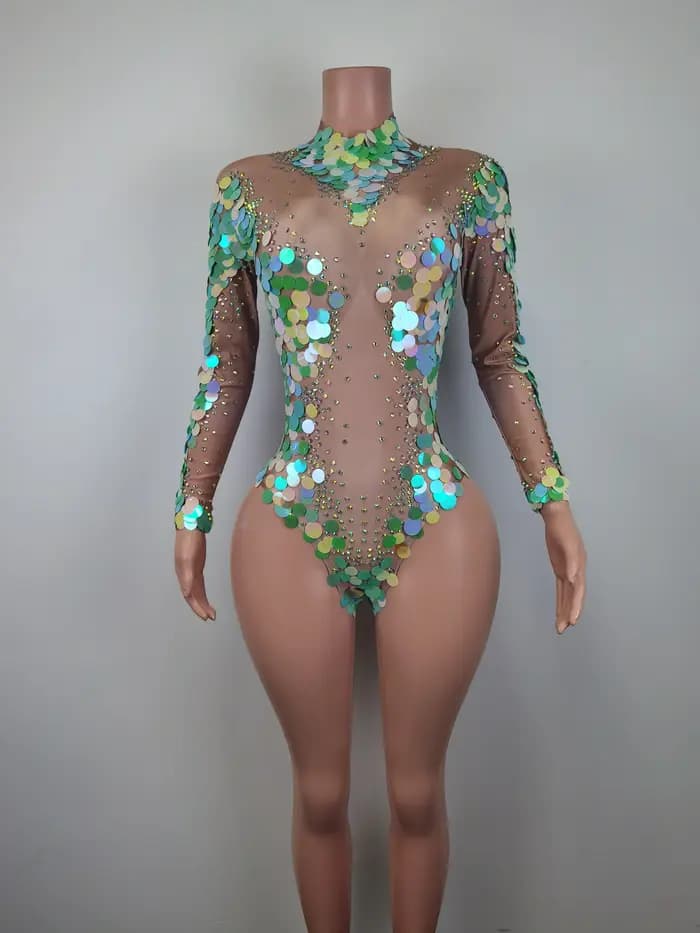 Sequin Jumpsuit Ladies Jazz Dance Show Clothing Party Sexy Rompers Women Party Mesh Rhinestone Bodyc