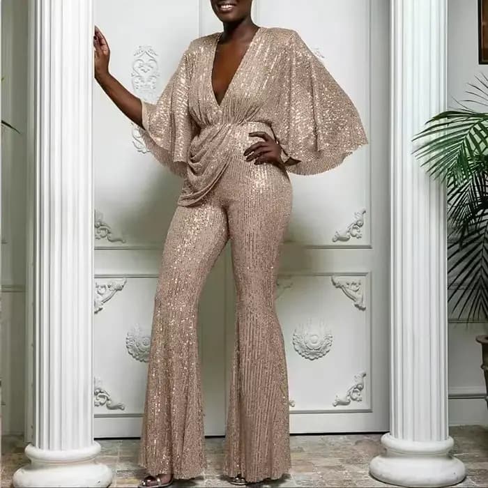 Combinaison à paillettes pour femmes, Sexy, décolleté en V profond, dos nu, élégante, mode, manches 