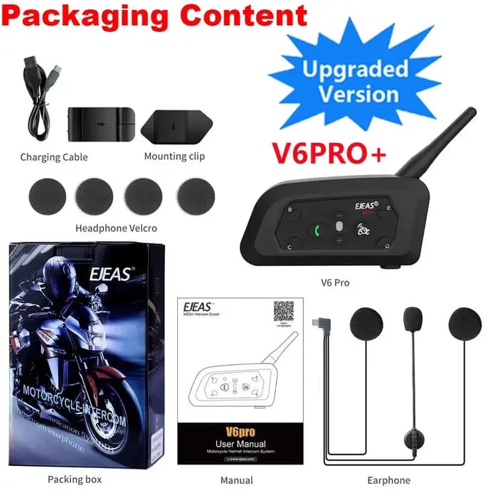 Casque de moto EJEAS V6 PRO+ avec interphone Bluetooth, étanche, lecteur de musique V5.1, portée de 