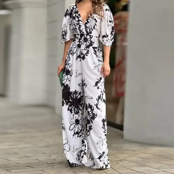 Combinaison dos nu pour femmes, mode col en v, manches chauve-souris, taille cintrée, jambes larges,