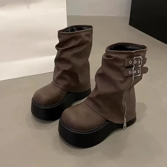Nouvelles bottes de motard pour femmes, design tendance, boucle de ceinture, plateforme, bottes haut
