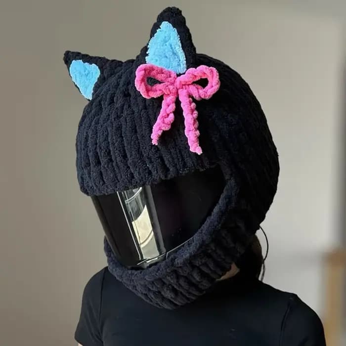 Housse de casque de moto, oreilles de chat mignonnes, tricotée, faite à la main, en velours épais, p