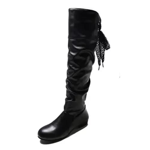 Bottes hautes plissées en cuir pour femmes, talon bas, chaussures longues pour femmes, rouge, noir, 