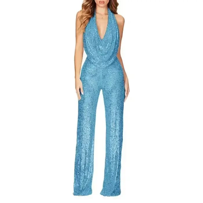 Paillettes Sexy combinaisons femmes licou mode fête d'été élégant sans manches femme nouvelle taille