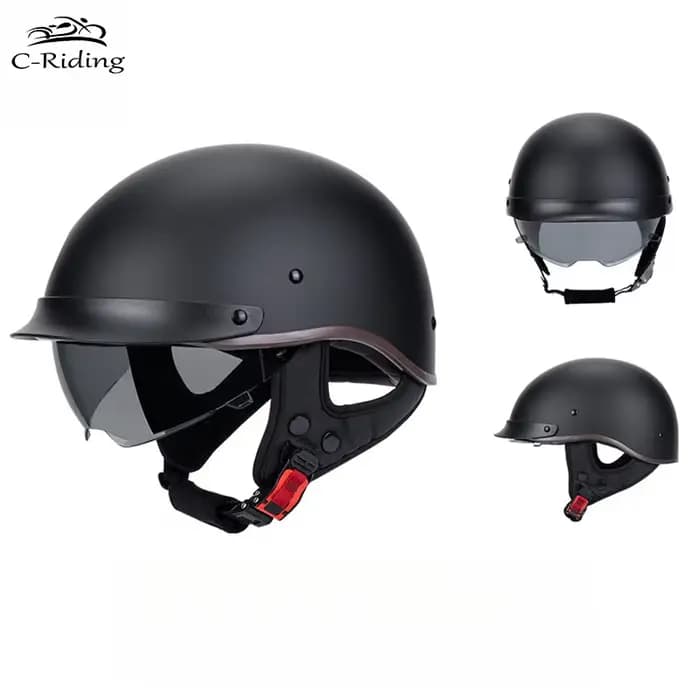 Casque demi-cuir pour moto et Scooter, noir mat, haute qualité, visage ouvert, avec visière transpar