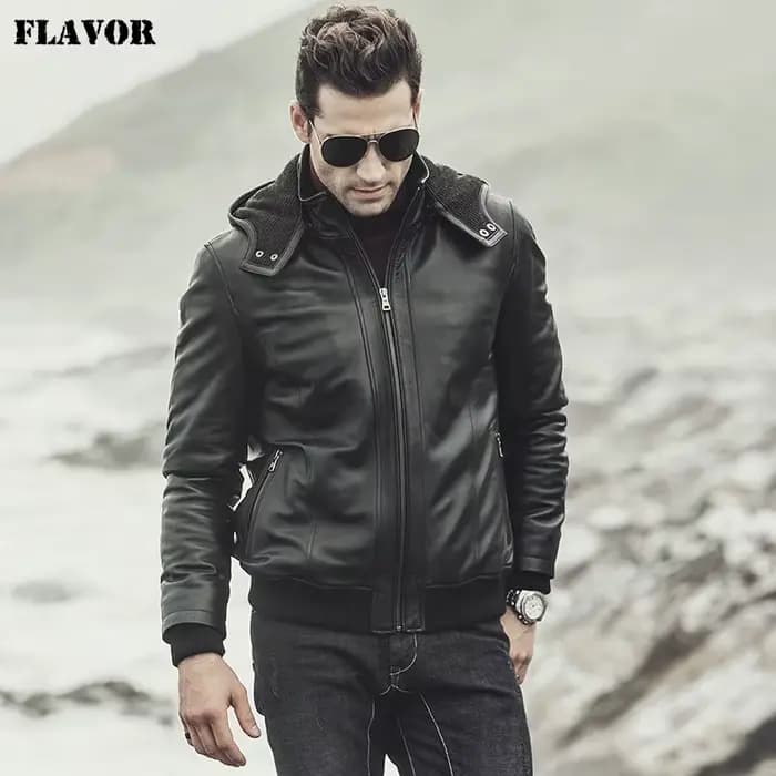 Veste en cuir d'agneau véritable pour homme FLAVOR, veste de moto à capuche d'hiver, veste en cuir v