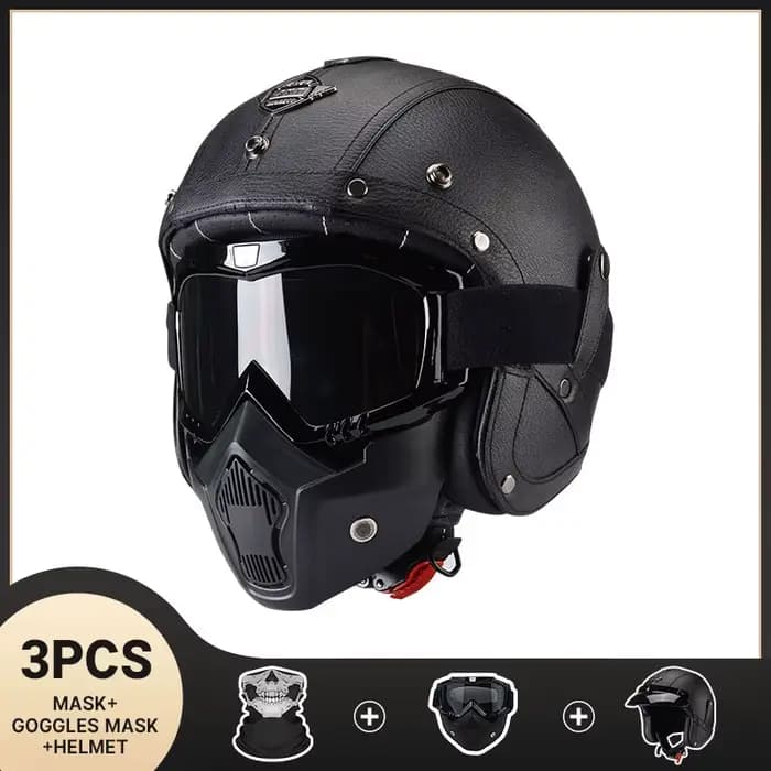 Casque de moto vintage pour homme, toutes saisons, en cuir, pour scooter, moto électrique, avec masq