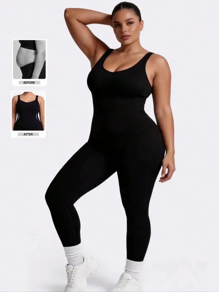 Combinaison de yoga sans coutures pour femme, grande taille — Dos nu, col en U, sans manches — Bodys