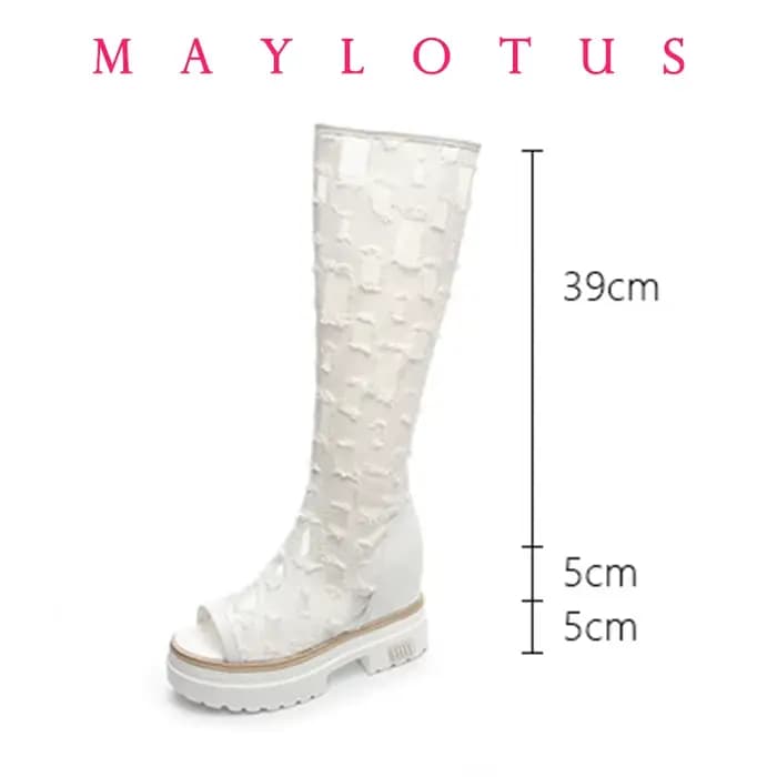Augmenter 10cm Air Mesh mi-mollet bottes talons épais moto plate-forme compensée respirant Peep orte