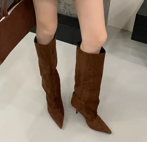 Bottes à talons hauts pointus de 8 cm pour femme, en daim, polyvalentes, mi-mollet, pour banquets, b