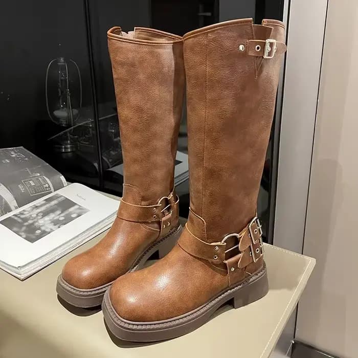 Mode boucle de ceinture bottes gothiques pour femmes marron talons épais genou haute bottes de Comba