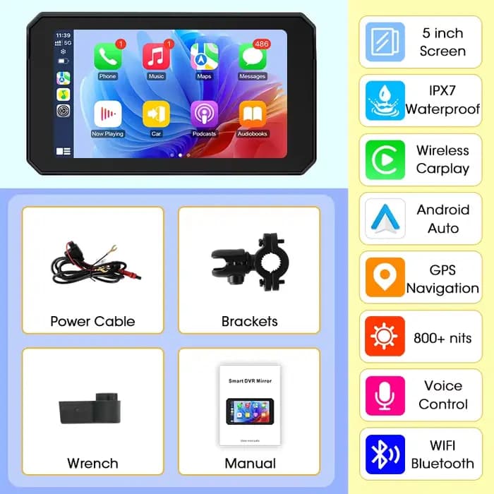 Écran double Bluetooth pour moto, navigation GPS, affichage étanche IP67, Carplay avec interphone po