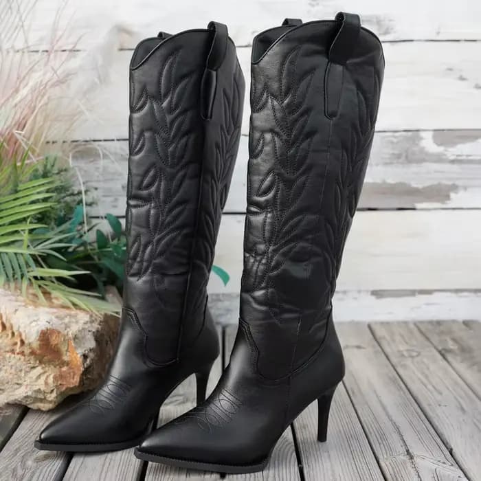 Bottes à talons hauts brodées à bout pointu pour femmes, bottes en cuir mi-mollet, style créateur, à