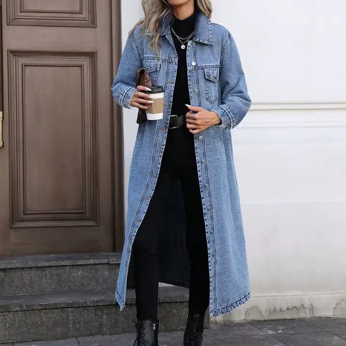 Manteaux en Denim Moto Biker Jeans pour femmes vestes longues poche manches longues simple boutonnag
