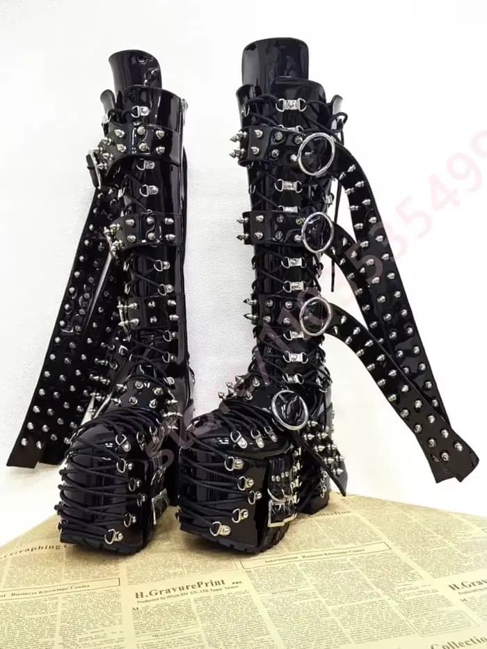 Bottes hautes à plateforme rose à carreaux 2026 pour femme, avec boucle métallique étoile, multi-san