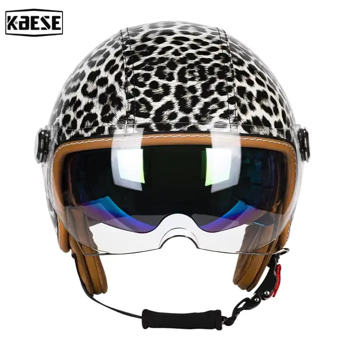 Casque de moto à visage ouvert 3/4 au design léopard élégant pour femme avec doublure confortable, i
