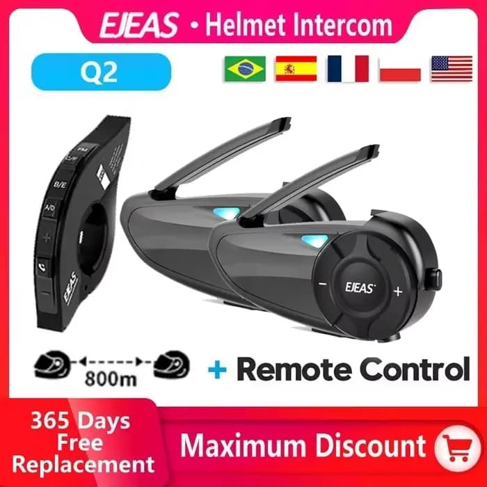 EJEAS Q2 Moto Casque Interphone Bluetooth 5.1 Casque Rapide Paire Étanche Jusqu'à 2 Coureurs Sans Fi
