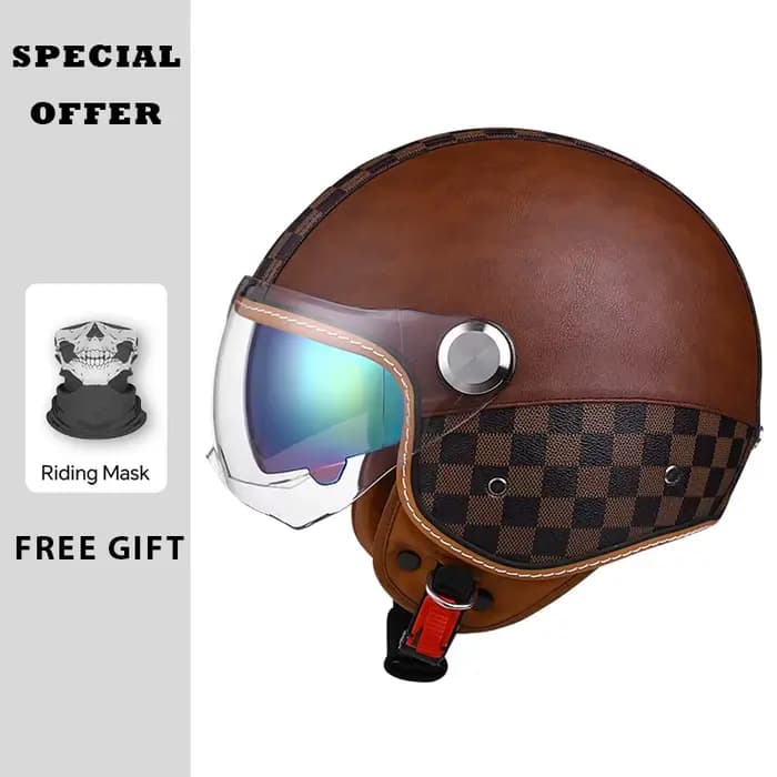 Demi-casque de moto rétro en cuir à Double visière, visage ouvert, casque Jet approuvé par le DOT av