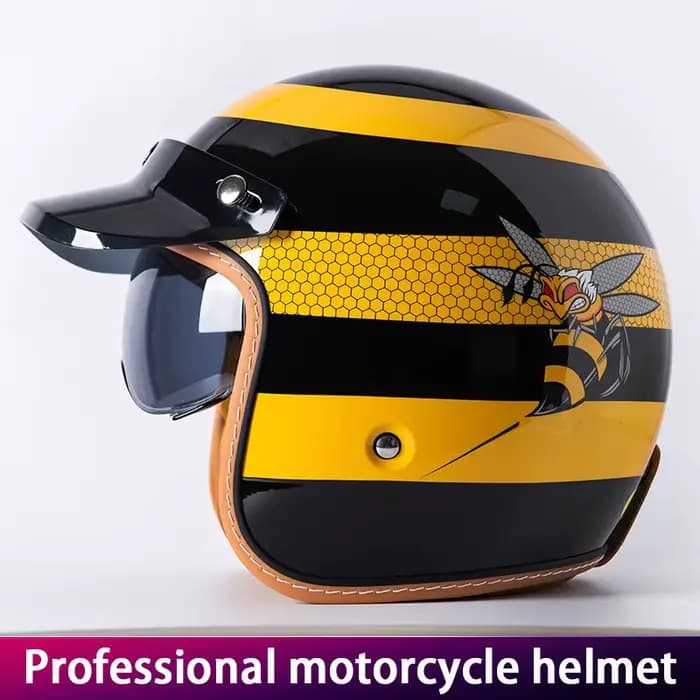 Nouveau casque de moto rétro abeille jaune coque 3/4 pare-brise intégré de moto avec bord de chapeau