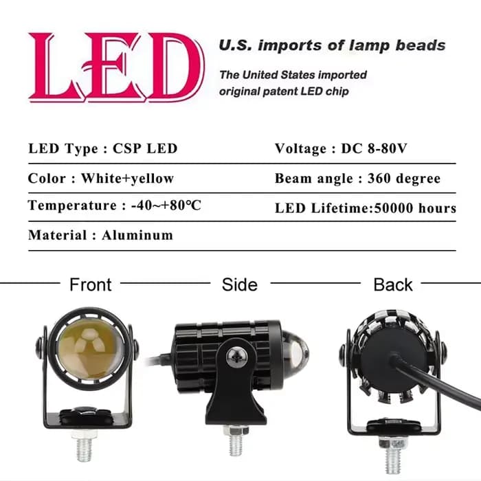 Phare LED pour Moto, Mini feu de conduite universel, projecteur double couleur pour Moto, camion, re