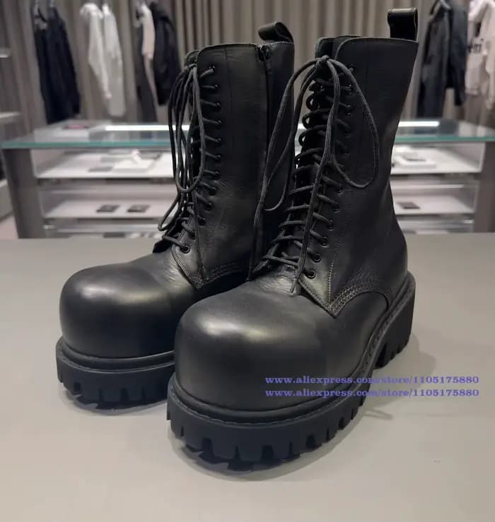 Bottes de moto noires à lacets pour hommes, fermeture éclair latérale, bout rond, semelles épaisses,