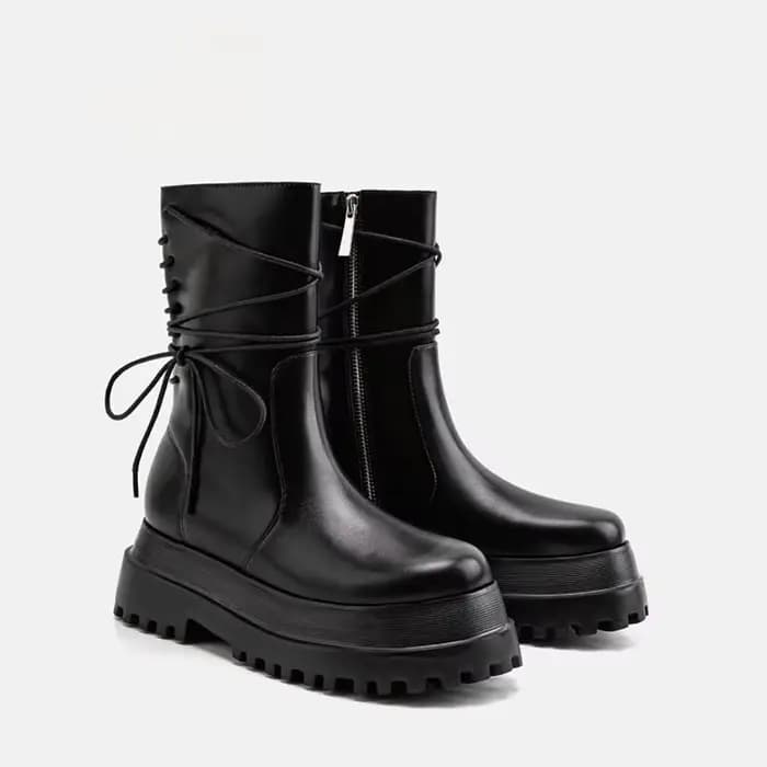 Chaussures de motard en cuir pour femmes, mi-mollet, bottes noires pour dames, plateforme mi-haute, 