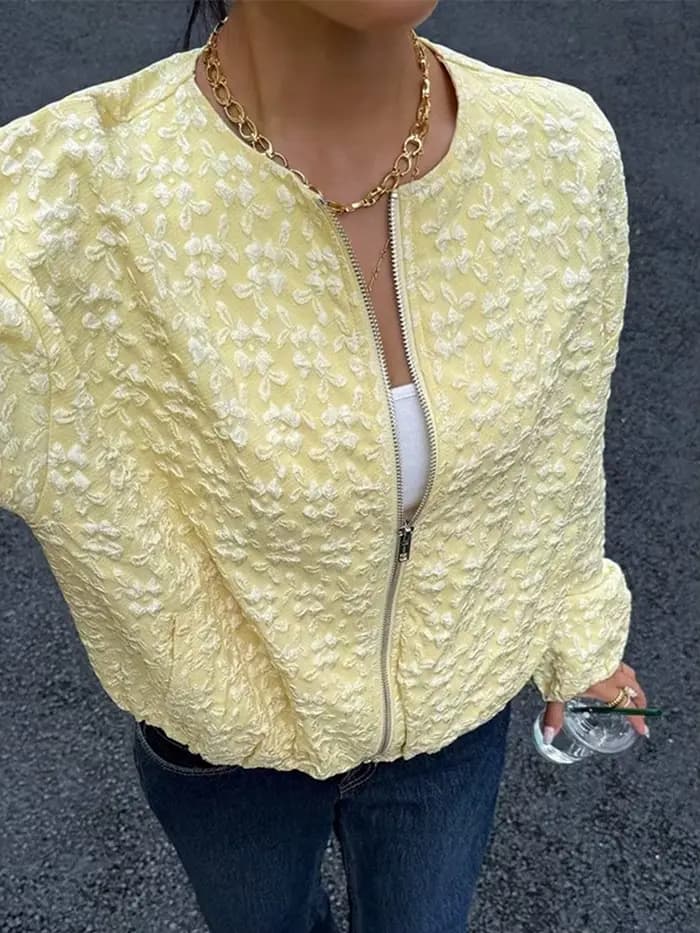 Femmes jaune Jacquard veste mode col rond fermeture éclair manches longues ample recadrée manteau da