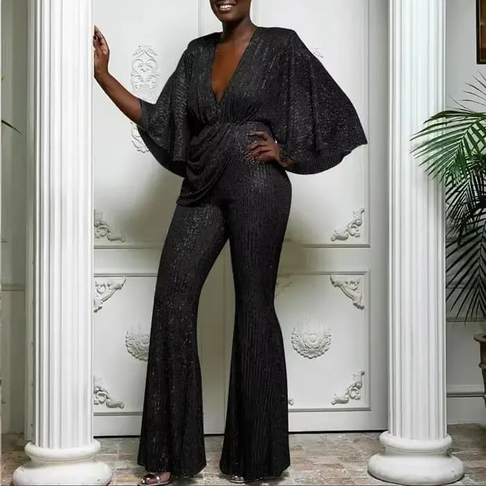 Combinaison dos nu à paillettes pour femmes, demi-manches, pantalon à jambes larges, combinaisons de