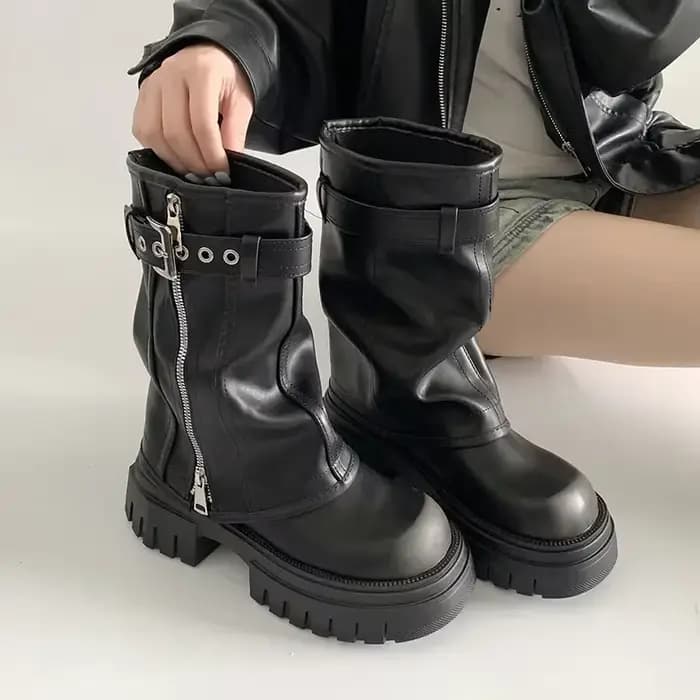 Bottes de motard pour femme Hiver 2026, avec boucle de ceinture tendance, élégantes, à plateforme, b