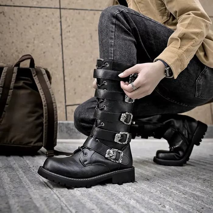 Bottes de motard gothiques Punk pour hommes, bottes d'équitation hautes avec boucle et fermeture écl