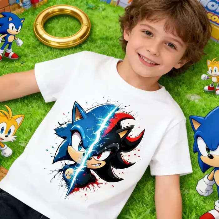 T-shirt Sonic vs Shadow pour enfants – T-shirt sur le thème des jeux vidéo, col rond en coton à manc