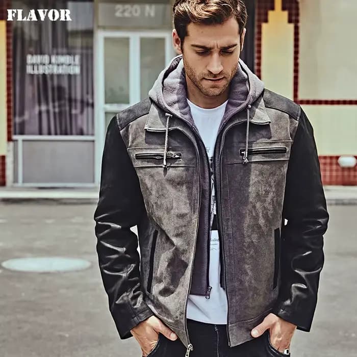 Veste en cuir véritable pour homme FLAVOR avec capuche amovible, veste de moto en cuir véritable pou