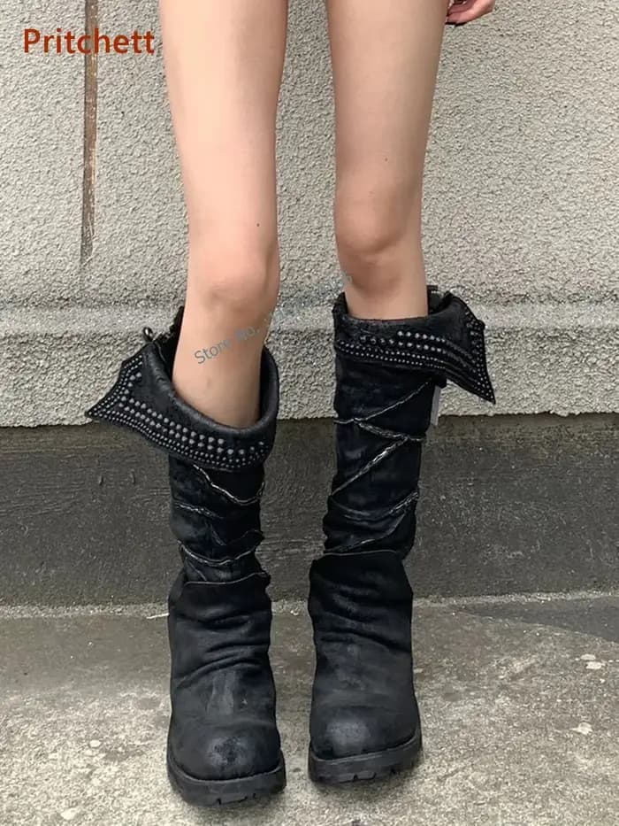 Bottes hautes à rivets solides, bout rond, semelle épaisse, fermeture éclair, plissées, à revers, po